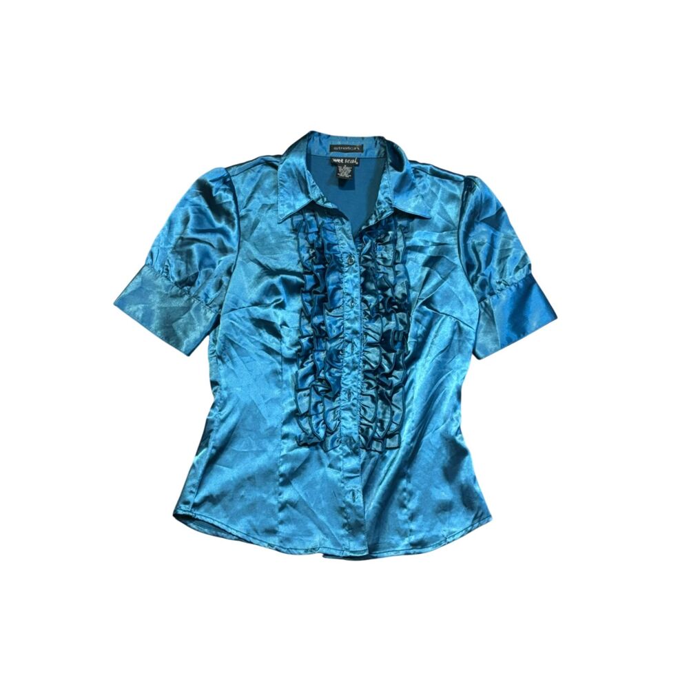 y2k wet seal mob style short sleeve‎ button up blue ruffles fancy collared sz s